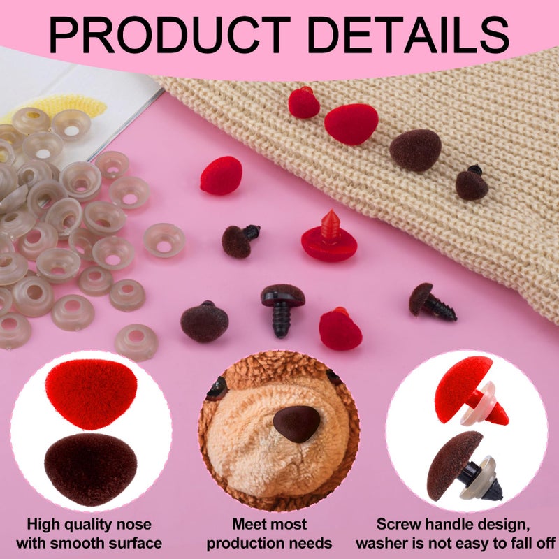 CustomyLife 32pcs Safety Noses for Amigurumi, 4 Sizes Plastic Craft Doll Noses with Washers, Flocking Stuffed Noses for Crochet Puppet Plush Toy Accessories- Red & Brown - Image 4
